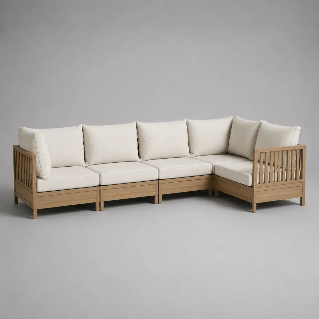 Divano angolo modulare 4 posti in legno e tessuto beige, 225 × 155 × 80 cm