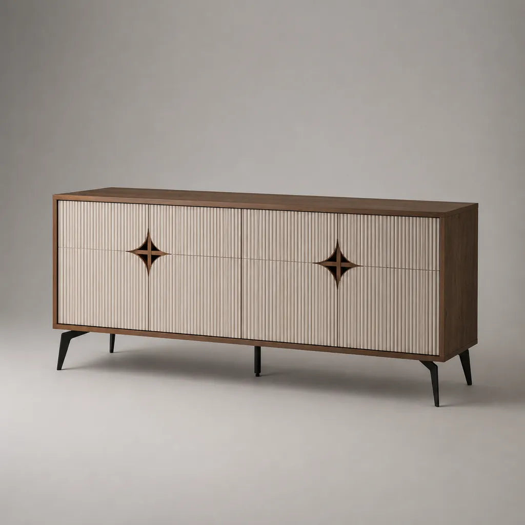 Buffet rettangolare basso in noce e acciaio placcato MDF, 180 × 40 × 80 cm, marrone noce, beige e nero