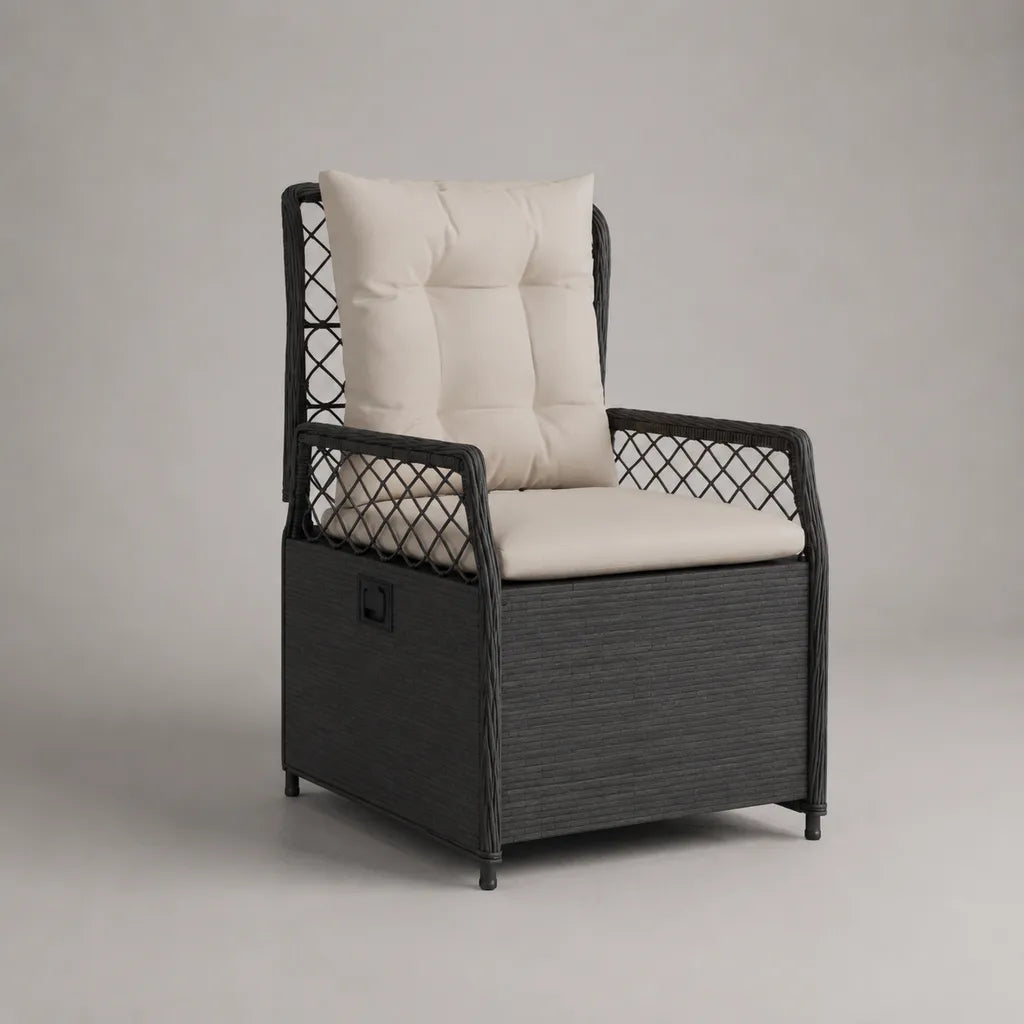 Sedia da giardino con contenitore in resina intrecciata PE e acciaio, antracite e crema, 67 × 69 × 110 cm