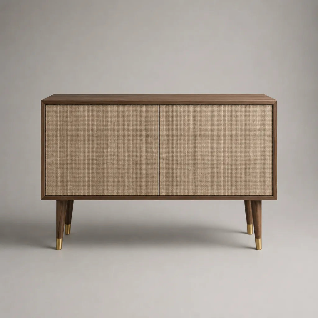 Legno rettangolare e contenitore a buffet in rottano a 2 porte, marrone noce e beige naturale, 120 × 40 × 80 cm