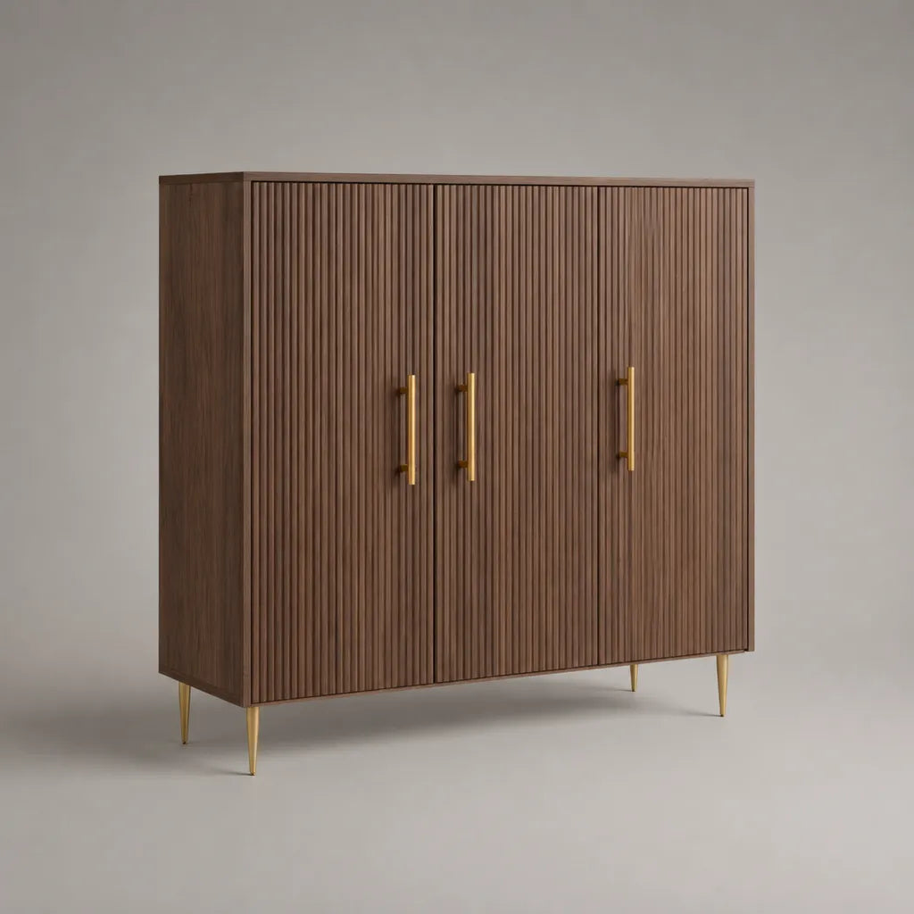 Piano di stoccaggio MDF a 3 porte, marrone noce e dorato, 160 × 40 × 130 cm