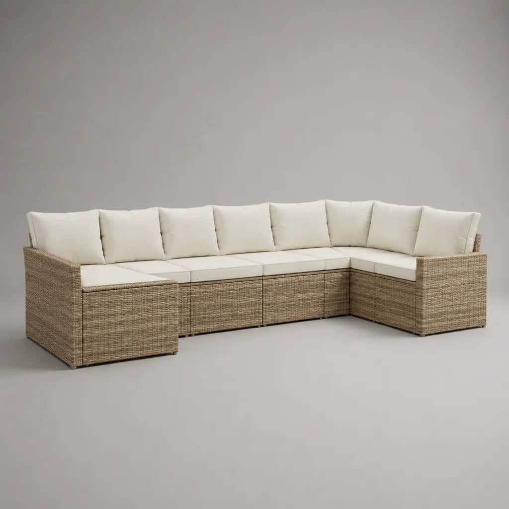 Set divano da giardino angolare modulabile 7 elementi in resina intrecciata PE beige con cuscini bianchi rotti, 310 × 220 × 73 cm