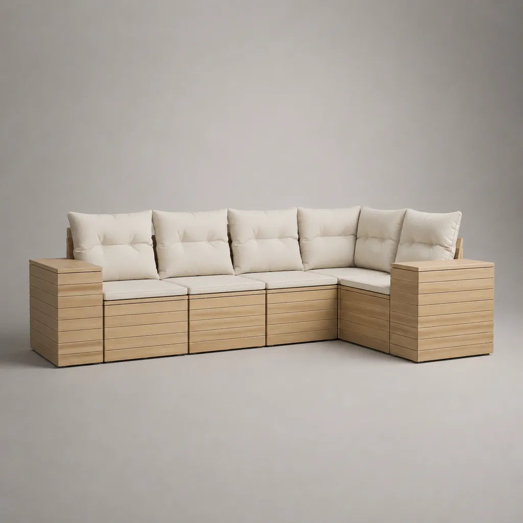 Divano angolo giardino a 4 posti in legno L con cuscini in ecru, 280 × 190 × 88 cm
