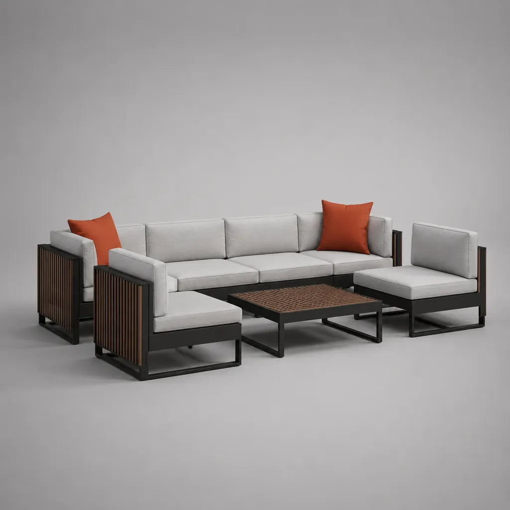 Mobili da giardino esterno 5 camere in acciaio nero e legno marrone con cuscini grigi chiari, divano 218 × 76 × 72 cm, poltrone 75 × 76 × 72 cm e tavolino 110 × 60 × 36 cm