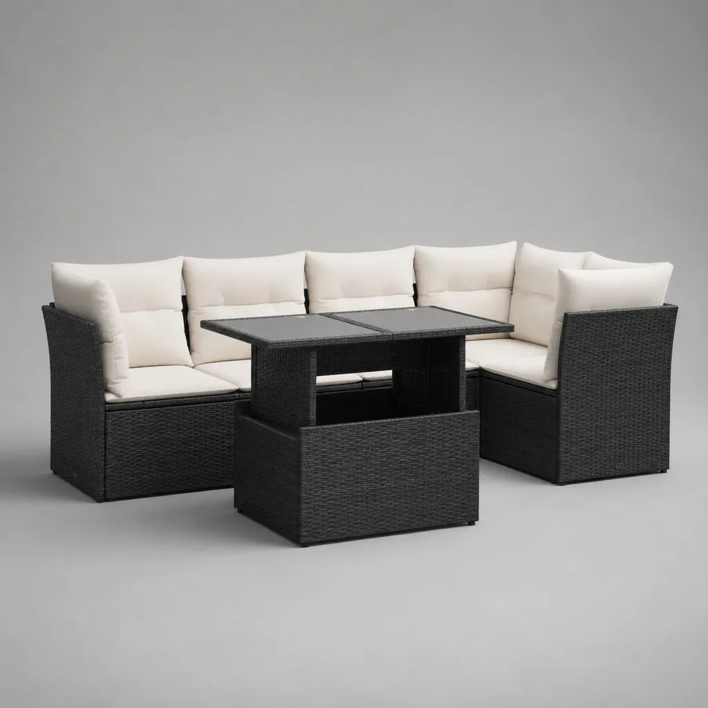Divano da giardino a 6 posti con tavolo estraibile in resina intrecciata, acciaio e vetro, nero, crema e grigio, 238 × 170 × 74 cm