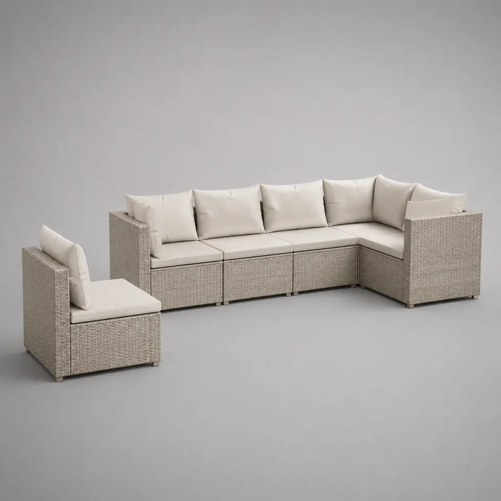 Divano da giardino modulare da 5 posti in resina intrecciata e acciaio, configurazione L, grigio taupe e beige, 280 × 140 × 74 cm