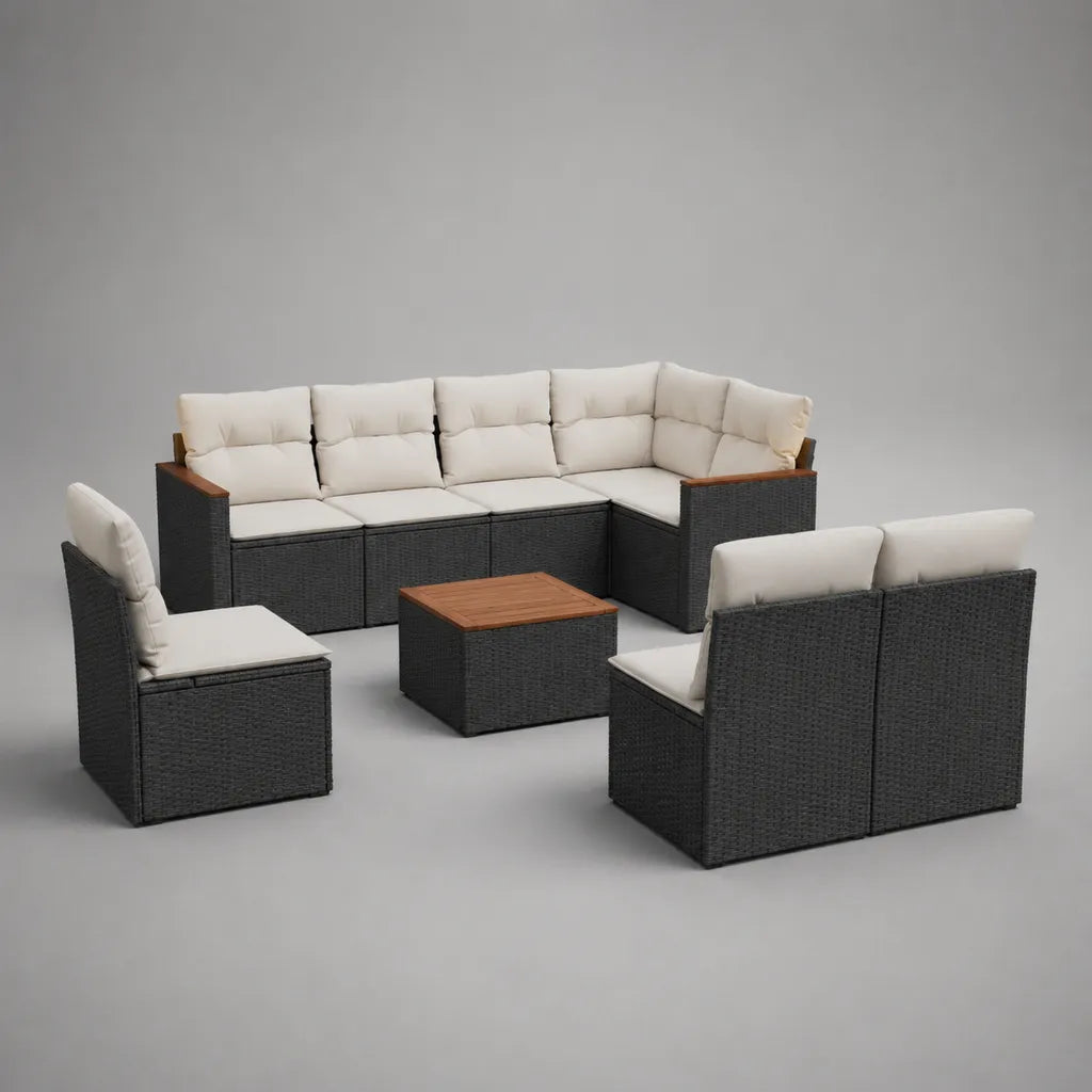 Giardino esterno 4 camere 8 posti a sedere in resina intrecciata nera, metallo e legno, cuscini, divano angolare 238 × 178 × 74 cm