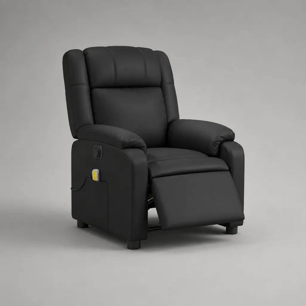 Sedia elettrica in pelle nera con schienale alto e poggiapiedi, 92 × 95 × 105 cm