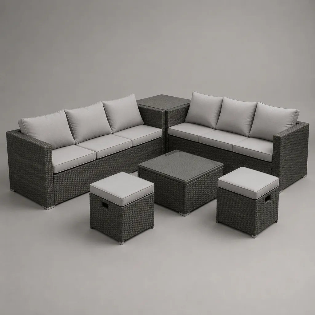 Mobili da giardino 6 camere in resina intrecciata grigia antracite e grigio chiaro, 2 divani 190 × 75 × 75 cm, tavoli 80 × 80 × 40 cm e 75 × 75 × 70 cm, 2 sgabelli 45 × 45 × 45 cm