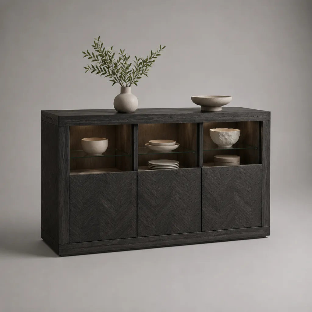 Rettangolare in legno a 3 porte, metallo e vetro, nero e marrone scuro, 150 × 40 × 90 cm