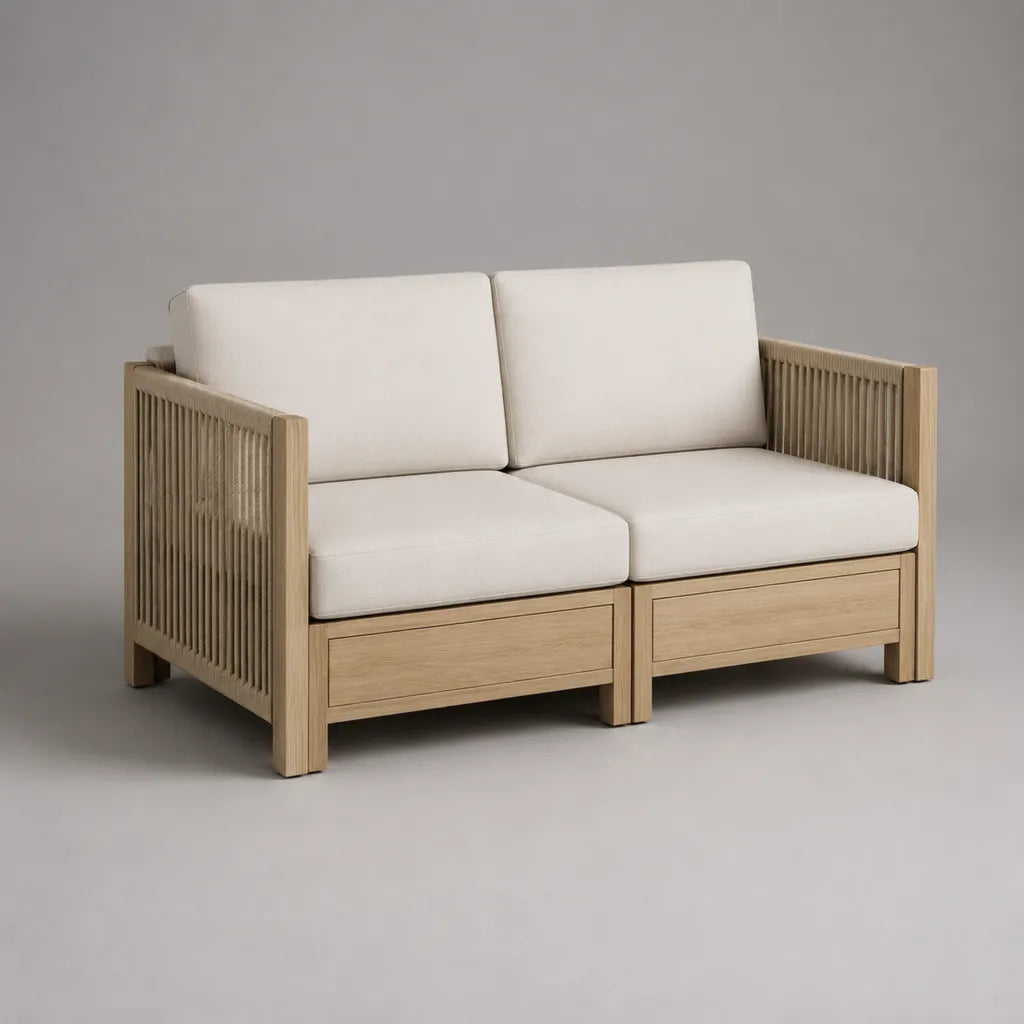 Set di 2 pezzi – Divano da giardino a due posti in legno e corda intrecciata con cuscini ecru, 142 × 76 × 78 cm