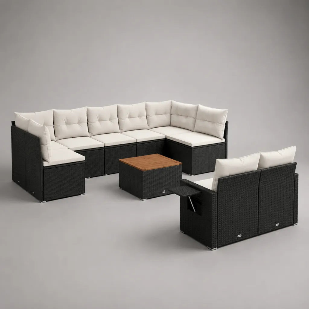 Sala da giardino modulabile in U 7 sedili in resina e metallo intrecciati nero, cuscini crema, divano 262 × 194 × 74 cm, poltrone 68 × 72 × 74 cm e tavolo 65 × 65 × 64 cm