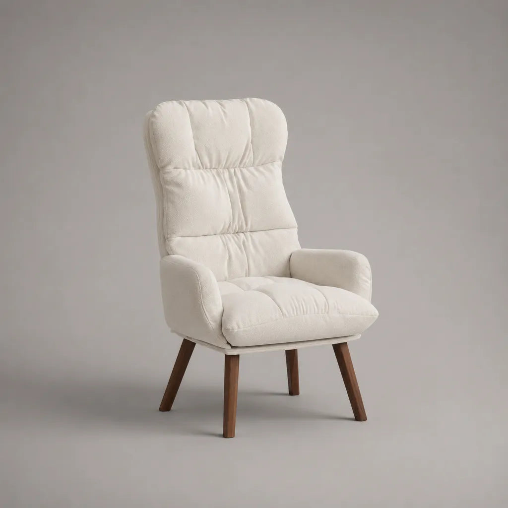 Sedia posteriore alta in tessuto crema con braccioli e piedi in legno marrone, 78 × 82 × 108 cm