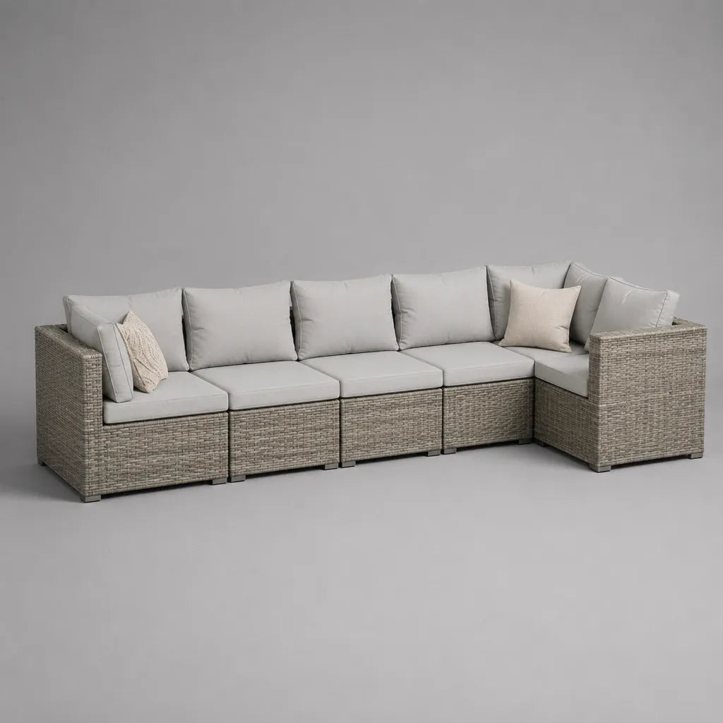 Divano angolo modulare a 5 posti in resina intrecciata e tessuto, grigio taupe e grigio chiaro, 292 × 145 × 74 cm