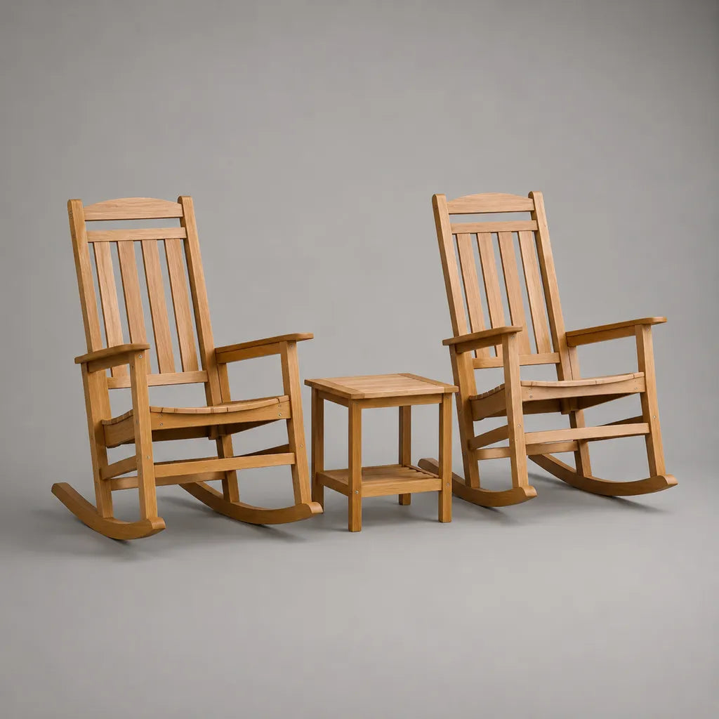 Set da giardino esterno 3 pezzi in legno massiccio marrone chiaro, 2 sedie swing 67 × 85 × 112 cm e tavolo 45 × 45 × 50 cm