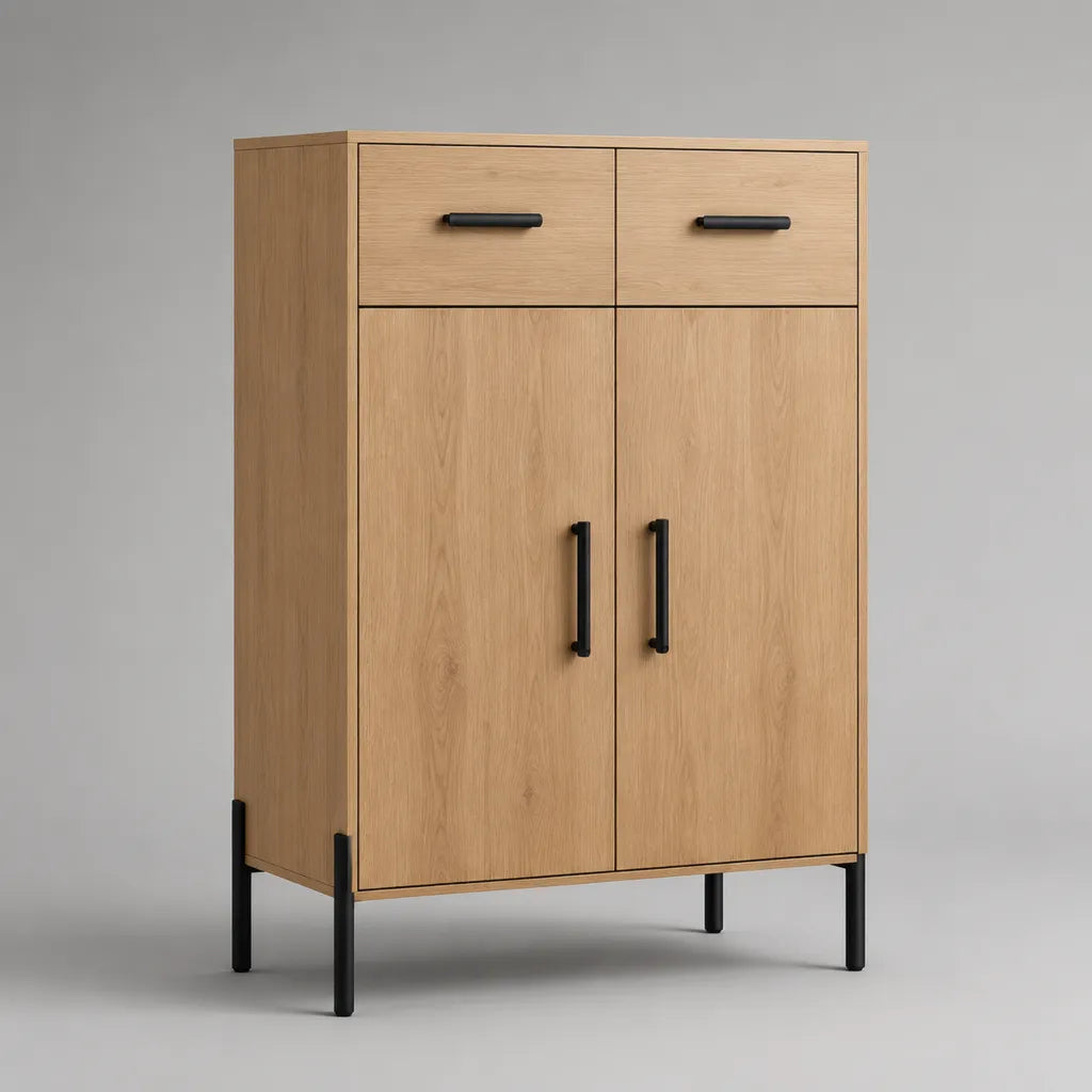 Piano di stoccaggio pannello a particelle e acciaio, 2 porte e 2 cassetti, rovere chiaro e nero, 80 × 40 × 120 cm