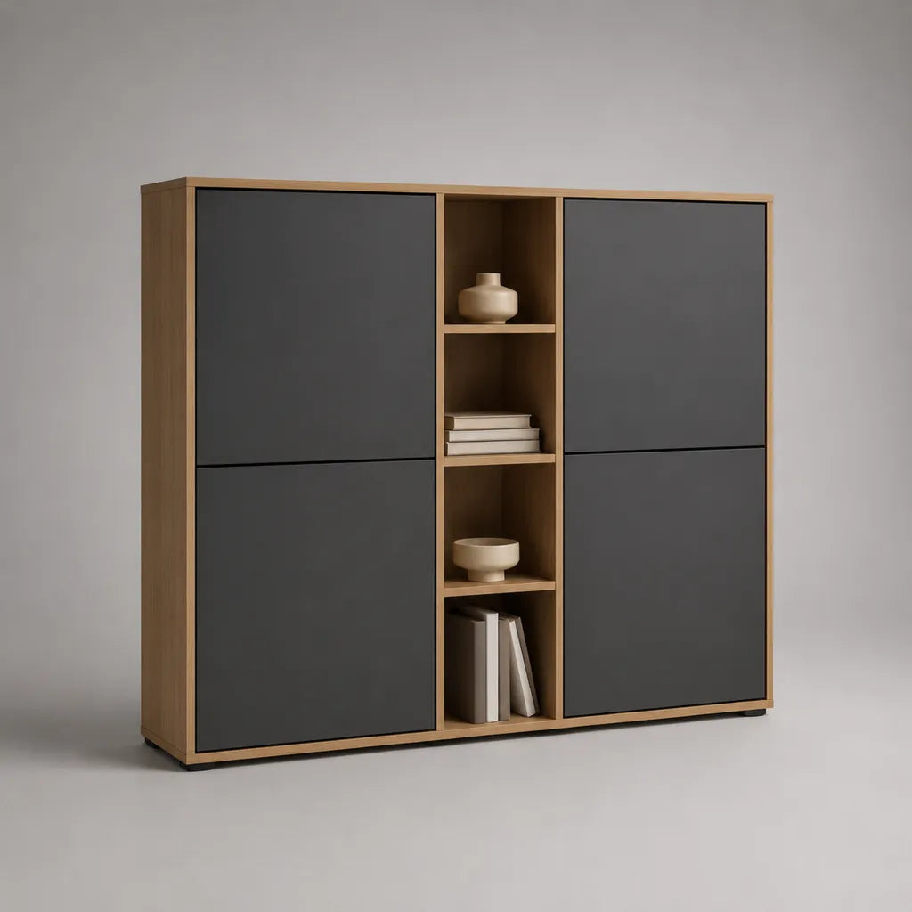 Piano di stoccaggio in legno, 4 porte e 4 nicchie, rovere e antracite, 160 × 40 × 140 cm